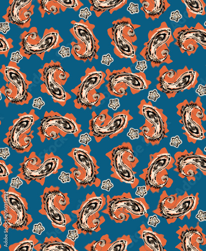 Hand-drawn teal and orange paisley seamless pattern. Vibrant bohemian floral sketch background. Romantic retro raster textile design.
