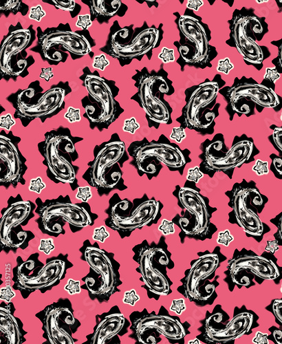 Hand-drawn pink and black paisley seamless pattern. Vibrant bohemian floral sketch background. Romantic retro raster textile design.