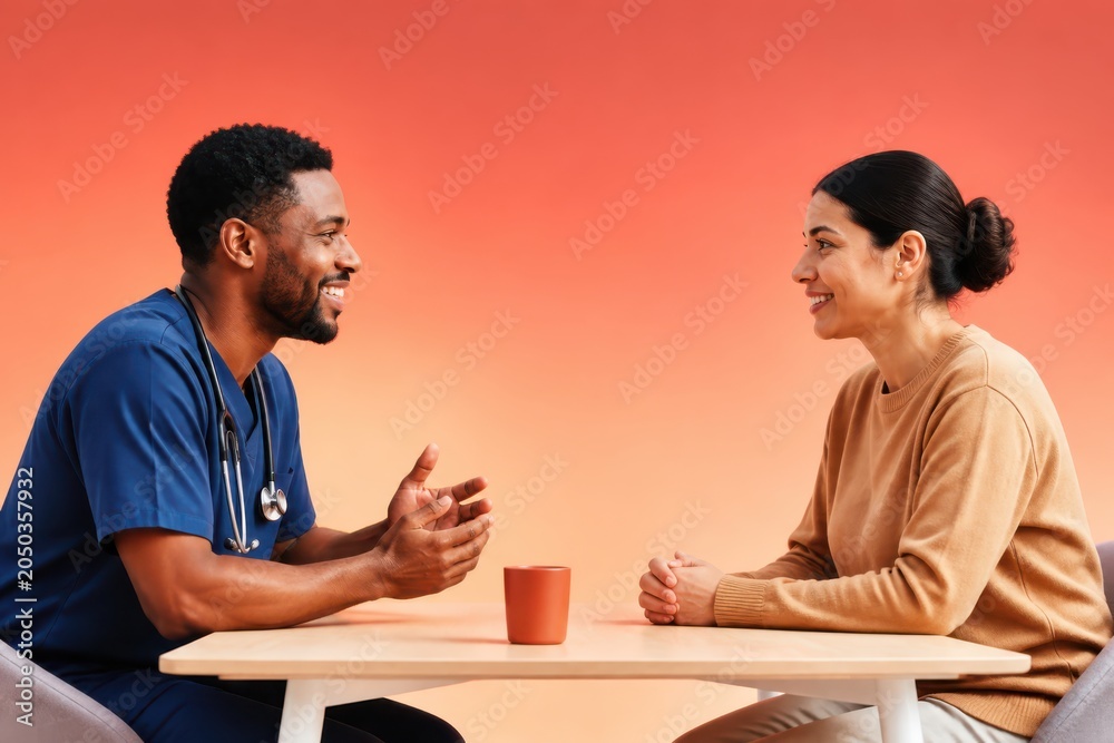 Fototapeta premium Friendly healthcare consultation between doctor and patient in a calm studio setting