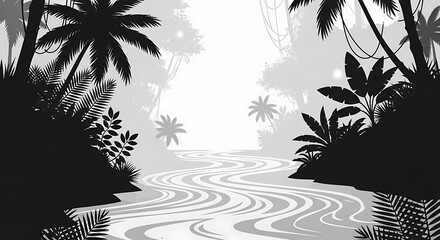 Tropical palm silhouettes against bright sky backdrop.