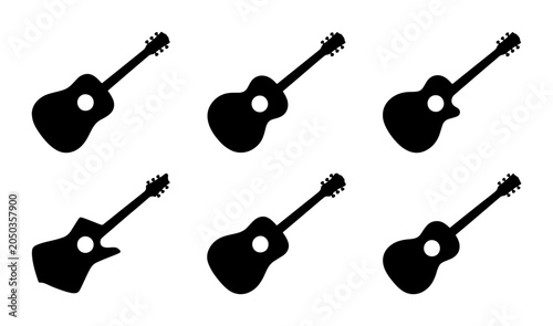 Bild auf Leinwand Six Acoustic Guitar Silhouettes, Music Icons, Vector Set, Rock and Folk Instrume
