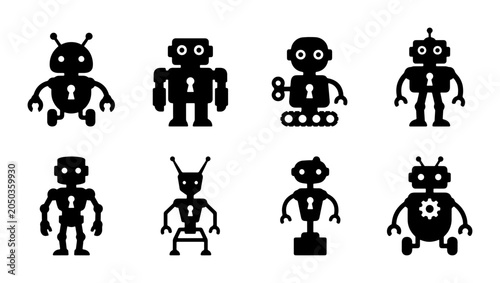 Retro Robot Icons, Vintage Android Silhouettes, Futuristic Machine Graphics, Set of 8