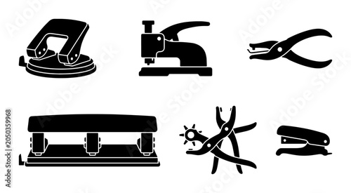 Bild auf Leinwand Office Stationery Icons: Stapler, Hole Punch, Pliers, Puncher Set, Vector Graphi