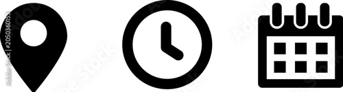 Location marker clock and calendar icons on white background for planning and scheduling concepts