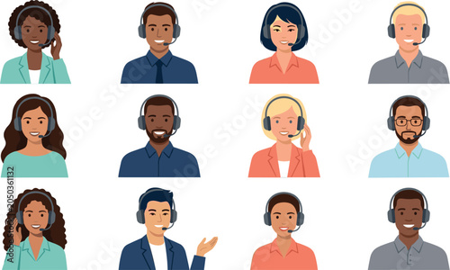 Bild auf Leinwand Customer Service Avatar Icon Set with Diverse Call Center Agents wearing Headset