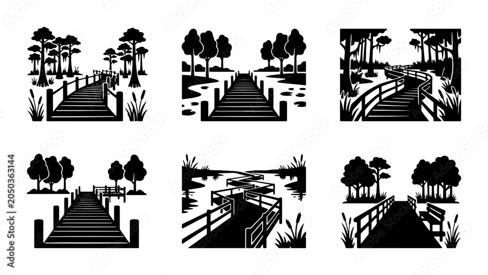 Obraz premium Wooden Boardwalk Vector Set, Nature Path Scenes, Lakeside Pier Illustrations, Forest Walkway Graphics