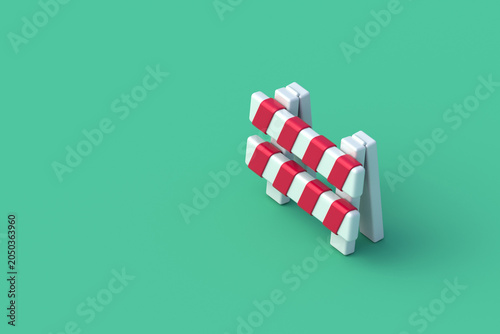 Striped road barrier for street maintenance works on green background. Portable safety fence. Temporary traffic border. Copy space. 3d render