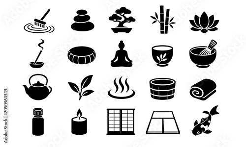Japanese spa and tea ceremony black icon set