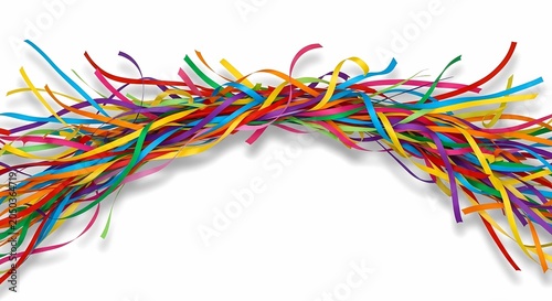 Bunch of tangled colorful ribbons on white background