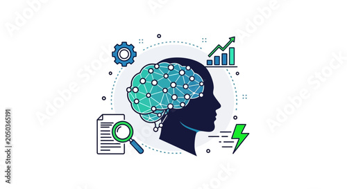 Human Head Profile with Brain Circuitry and Data Analysis Icons on isolated white background