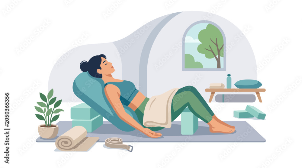 Fototapeta premium Vector illustration of a woman practicing restorative yoga and meditating with props in a cozy studio. EPS Editable