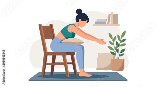 Vector illustration of a woman practicing chair yoga and stretching exercises at home. EPS Editable