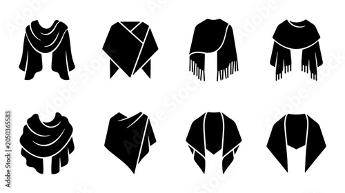 Schilderij op canvas Black Silhouette Poncho and Shawl Icons, Fashion Outerwear Vector Set, Versatile