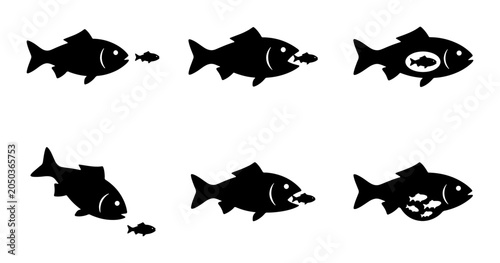 Bild auf Leinwand Predator Fish Eating Smaller Fish Icons, Survival of the Fittest Concept, Food C