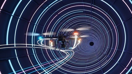 Abstract futuristic tunnel with glowing light source.