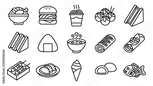 Foto Set of japanese food line icons, various traditional asian dishes and snacks collection