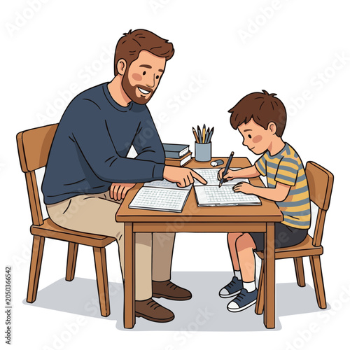 Father helping son with schoolwork homework education learning