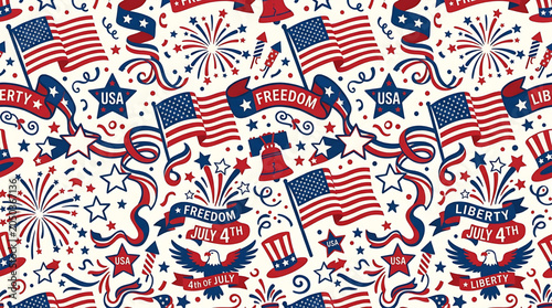 Patriotic July 4th Independence Day Seamless Pattern Design Featuring American Flags Fireworks Liberty Bells and Festive Celebration Elements