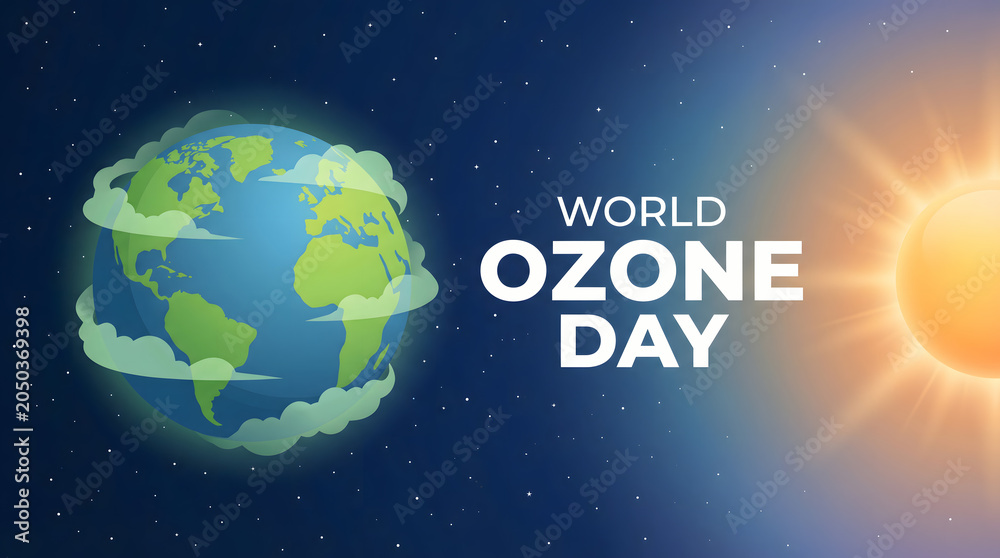Fototapeta premium World Ozone Day poster with globe and sun
