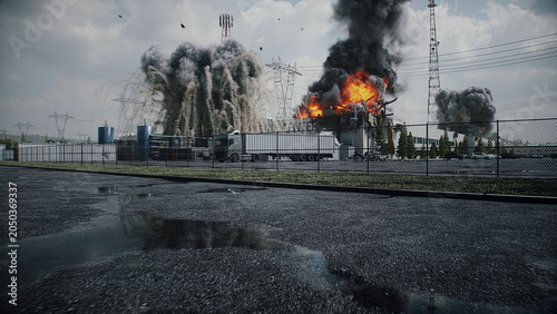 Explosion and Fire at Data Center, Anti-AI Protest and Public Backlash Against Artificial Intelligence. 3d rendering.