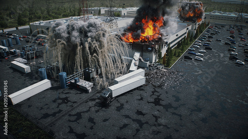 Explosion and Fire at Data Center, Anti-AI Protest and Public Backlash Against Artificial Intelligence. 3d rendering.
