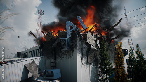 Explosion and Fire at Data Center, Anti-AI Protest and Public Backlash Against Artificial Intelligence. 3d rendering.