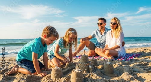 Happy Family Building Sandcastles on a Sunny Beach