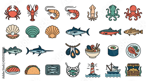 Colorful seafood and marine life icon set featuring fish crab lobster and sushi stickers. EPS Editable. Vector Illustrations.
