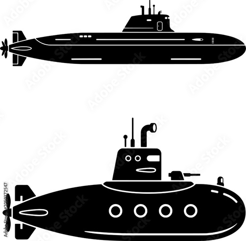 Tableau sur toile Submarine silhouettes set featuring military underwater vessel and vintage subma