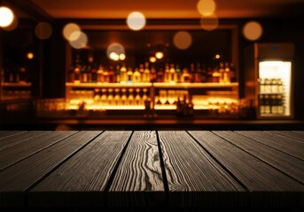 Empty Dark Wood Table Top with Blurred Bar Background and Warm Bokeh Lighting for Product Placement