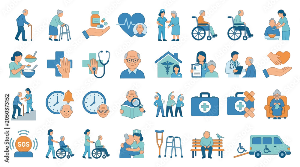 Fototapeta premium Elderly care and nursing home services vector icons set. EPS Editable. Vector Illustrations.