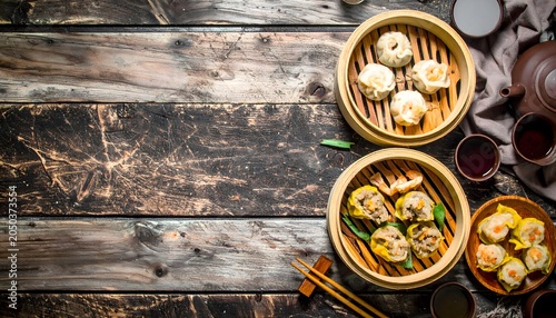 Steamed Dim Sum Dumplings Arranged with Tea Set on Rustic Wooden Table