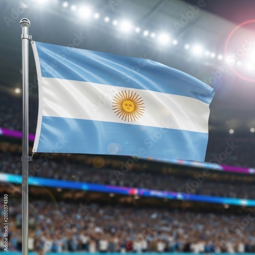 Argentine flag waving proudly in a stadium with a blurred crowd background