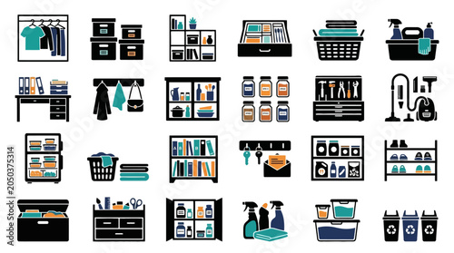 Home organization and decluttering vector icon set featuring storage solutions and cleaning supplies. EPS Editable. Vector Illustrations.