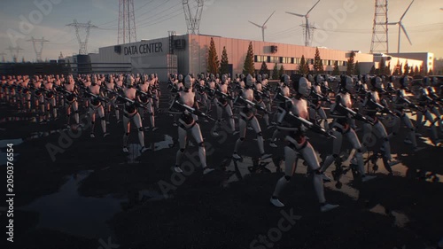 Armed Robots March in Formation Near Data Center, AI Uprising and Autonomous Machine Army Concept.