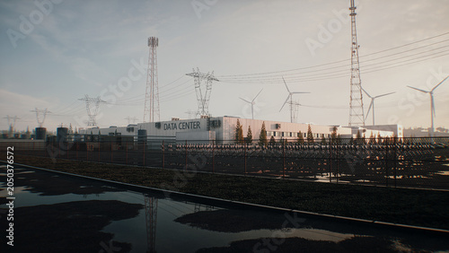 Armed Robots March in Formation Near Data Center, AI Uprising and Autonomous Machine Army Concept. 3d rendering