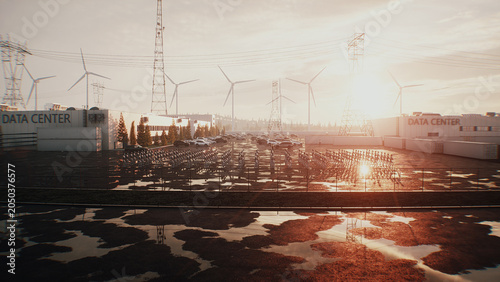 Armed Robots March in Formation Near Data Center, AI Uprising and Autonomous Machine Army Concept. 3d rendering