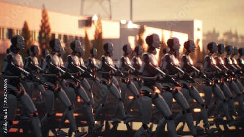 Armed Robots March in Formation Near Data Center, AI Uprising and Autonomous Machine Army Concept.