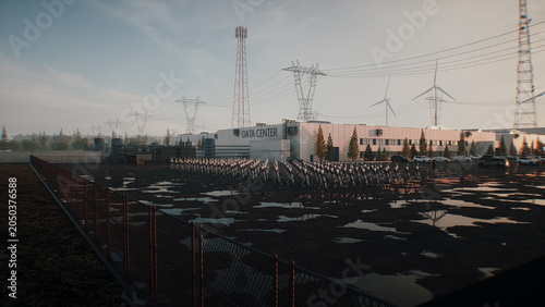 Armed Robots March in Formation Near Data Center, AI Uprising and Autonomous Machine Army Concept. 3d rendering