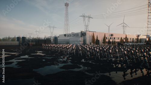 Armed Robots March in Formation Near Data Center, AI Uprising and Autonomous Machine Army Concept. 3d rendering