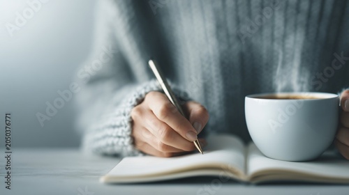 person journaling recovery progress, caffeine detox plan, mental health wellness concept, soft daylight, authentic lifestyle scene