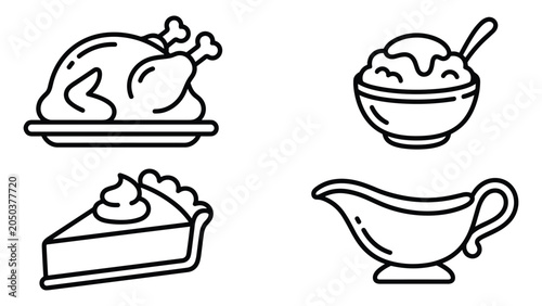Black and white outline icons of roasted turkey mashed potatoes pumpkin pie and gravy boat.