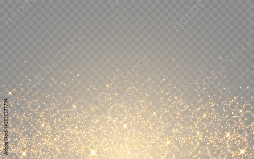 Gold glitter background with sparkling particles. Glowing bokeh lights. Elegant festive luxury backdrop for celebration, holiday or wedding. Premium design template. Vector illustration.