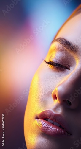 Close view of luminous face with flawless texture and soft glow. Minimalist aesthetic highlights delicate features and serene expression, beauty, texture, classic