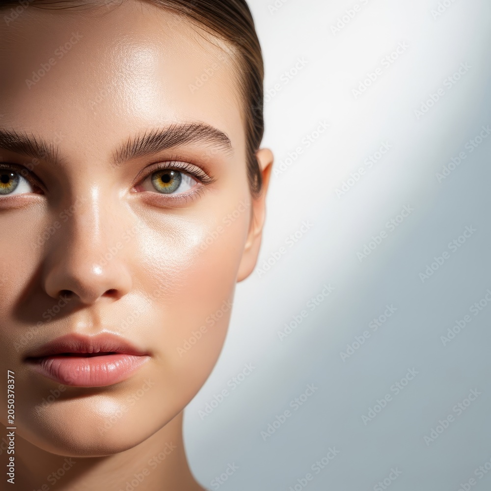 Fototapeta premium Close-up portrait featuring a luminous, dewy complexion with natural textures, soft lighting, neat hair, and a calm, clean aesthetic look, grooming, cream, beauty