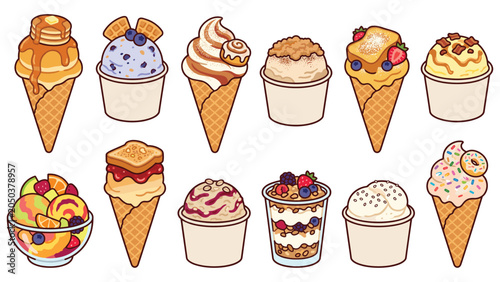 Gourmet ice cream and dessert collection with waffle cones cups and fruit toppings set.