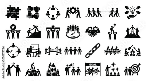 Teamwork and collaboration business icon set representing partnership cooperation and success. EPS Editable. Vector Illustrations.