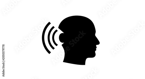Head silhouette with sound waves represents the concept of listening or auditory perception in a minimalist design.