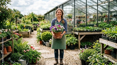 Smiling Woman Gardener Holding Flower Pot in Greenhouse Yard – Floriculture Business Portrait