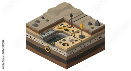 Billede på lærred Isometric Cross Section of Underground Mining Operation and Geological Layers